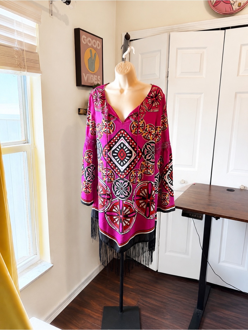 Chelsea & Violet Fuchsia Geometric Boho Fringe Tunic - Picture 2 of 9
